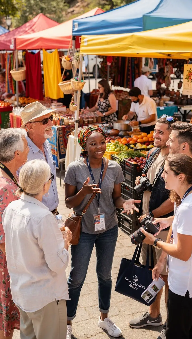 Punkt informacji turystycznej z pracownikami pomagającymi podróżnym.
